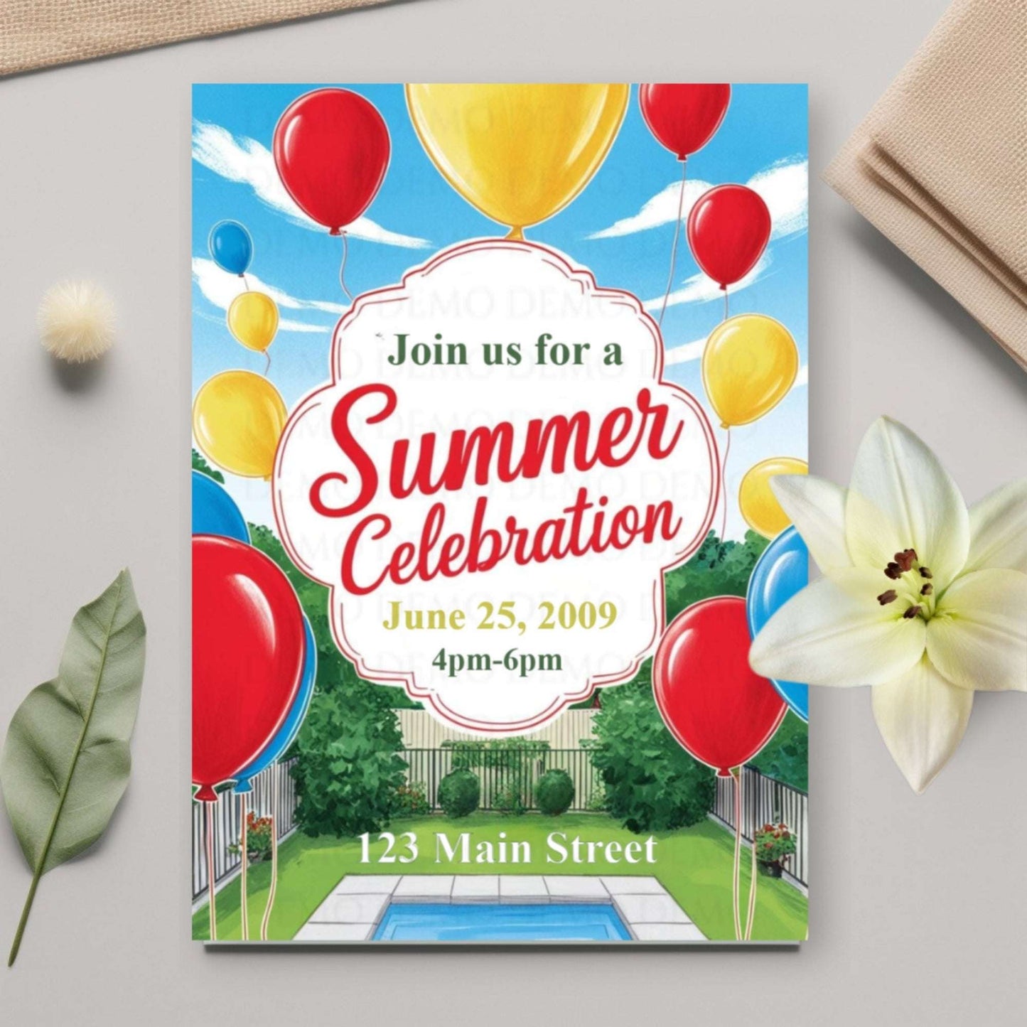 Summer celebration invitation with balloons and a pool on a gray surface.