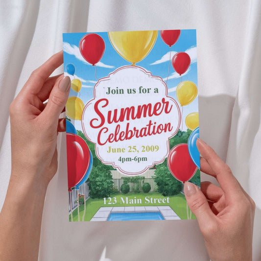 Hand holding a summer celebration invitation with balloons and a pool.