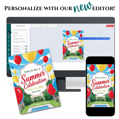 Digital invitation editor with a 'Summer Celebration' design on a tablet, phone, and paper.
