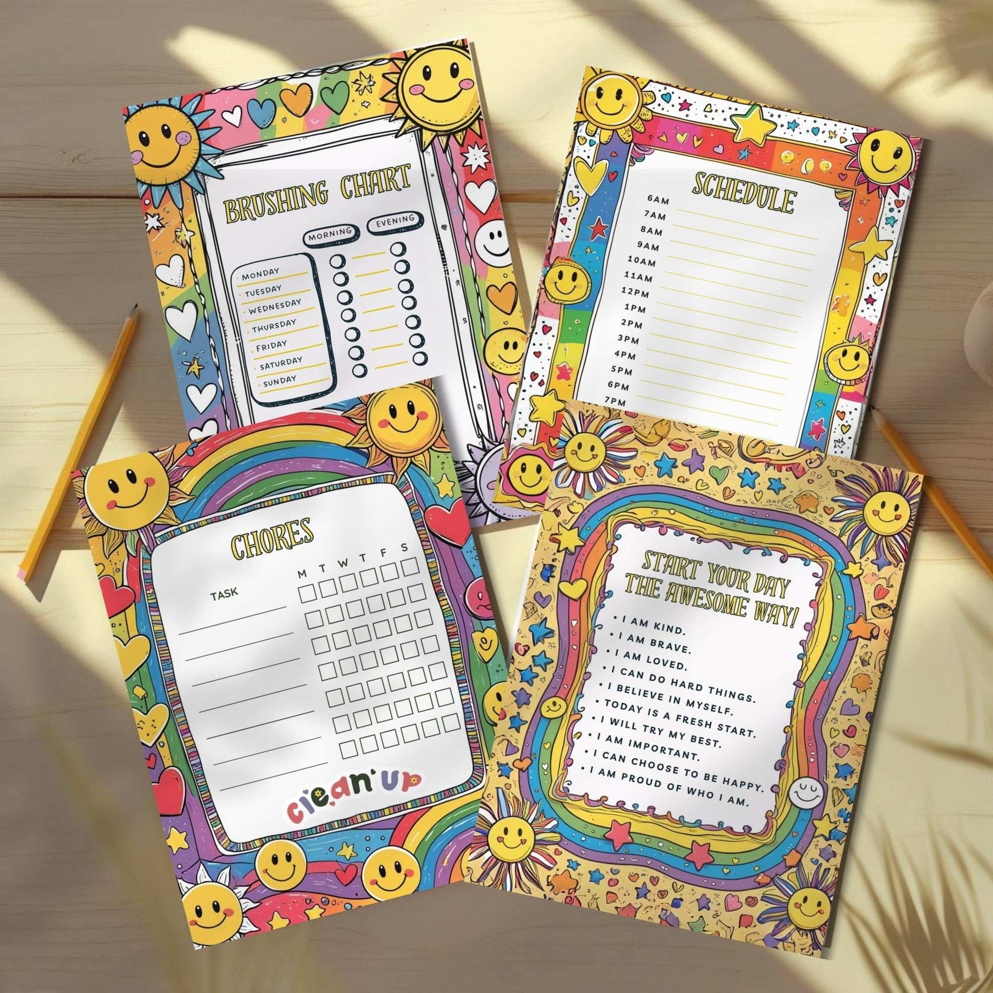 Sunny Day Kids Printable Bundle – Chore Chart, Daily Schedule, Teeth Brushing Chart & Affirmation Page