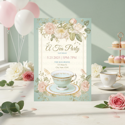 Tea party invitation with floral design on a table with tea set and balloons