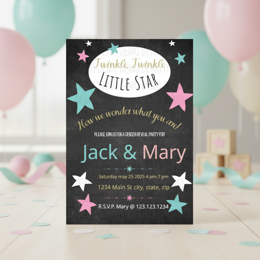 Gender reveal party invitation with colorful stars on a black background, set against a blurred background of balloons and toys.