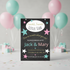 Invitation card for a baby shower with balloons and gifts in the background