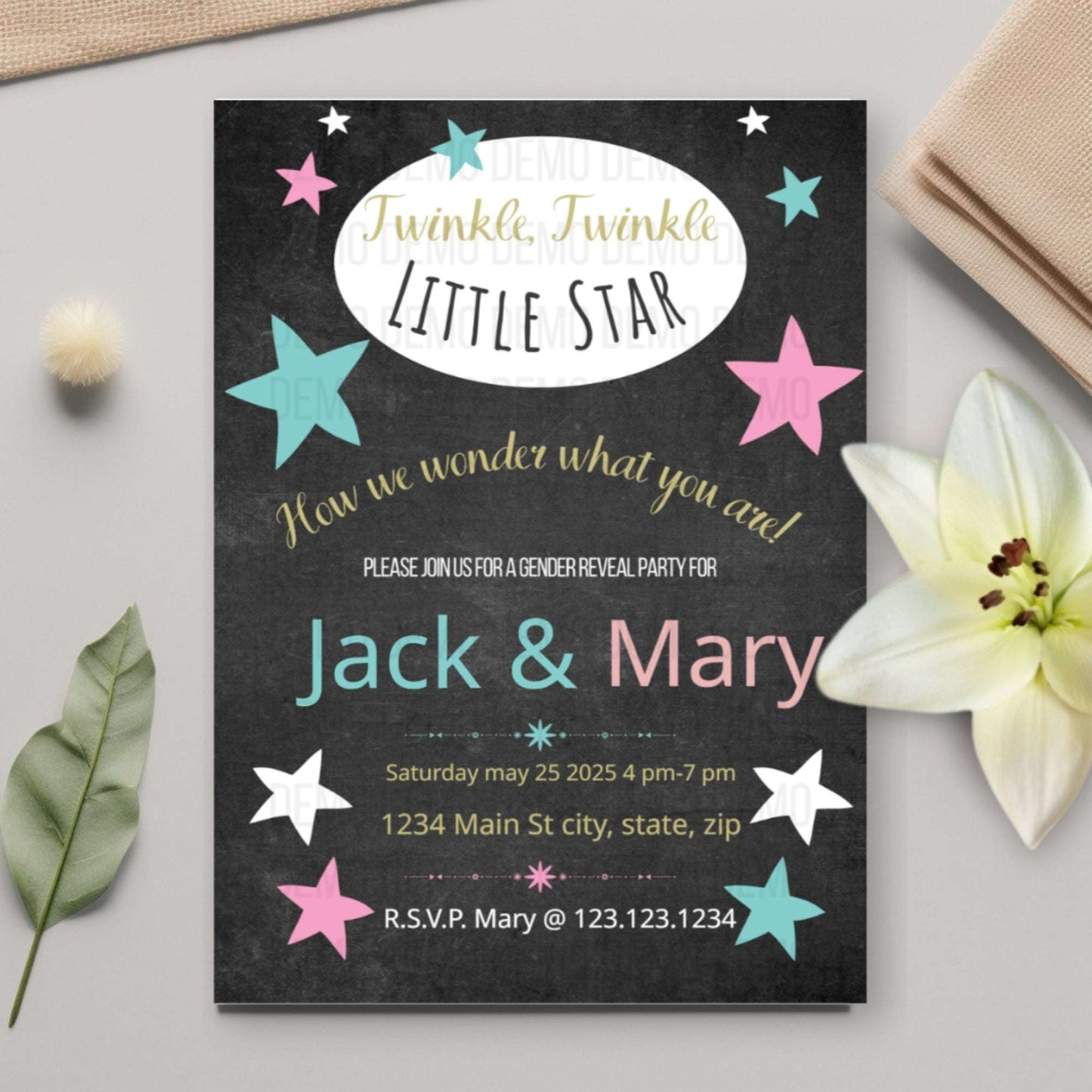 Twinkle Little Star Gender Reveal Invitation – Personalized Editable Template