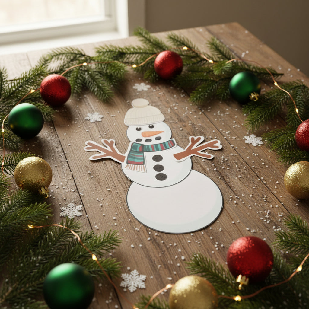 Paper snowman decoration on a textured surface