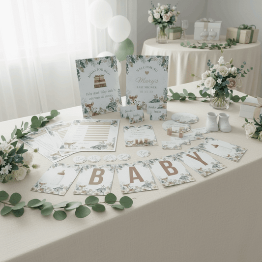 Baby shower decorations on a wooden table with floral arrangements.