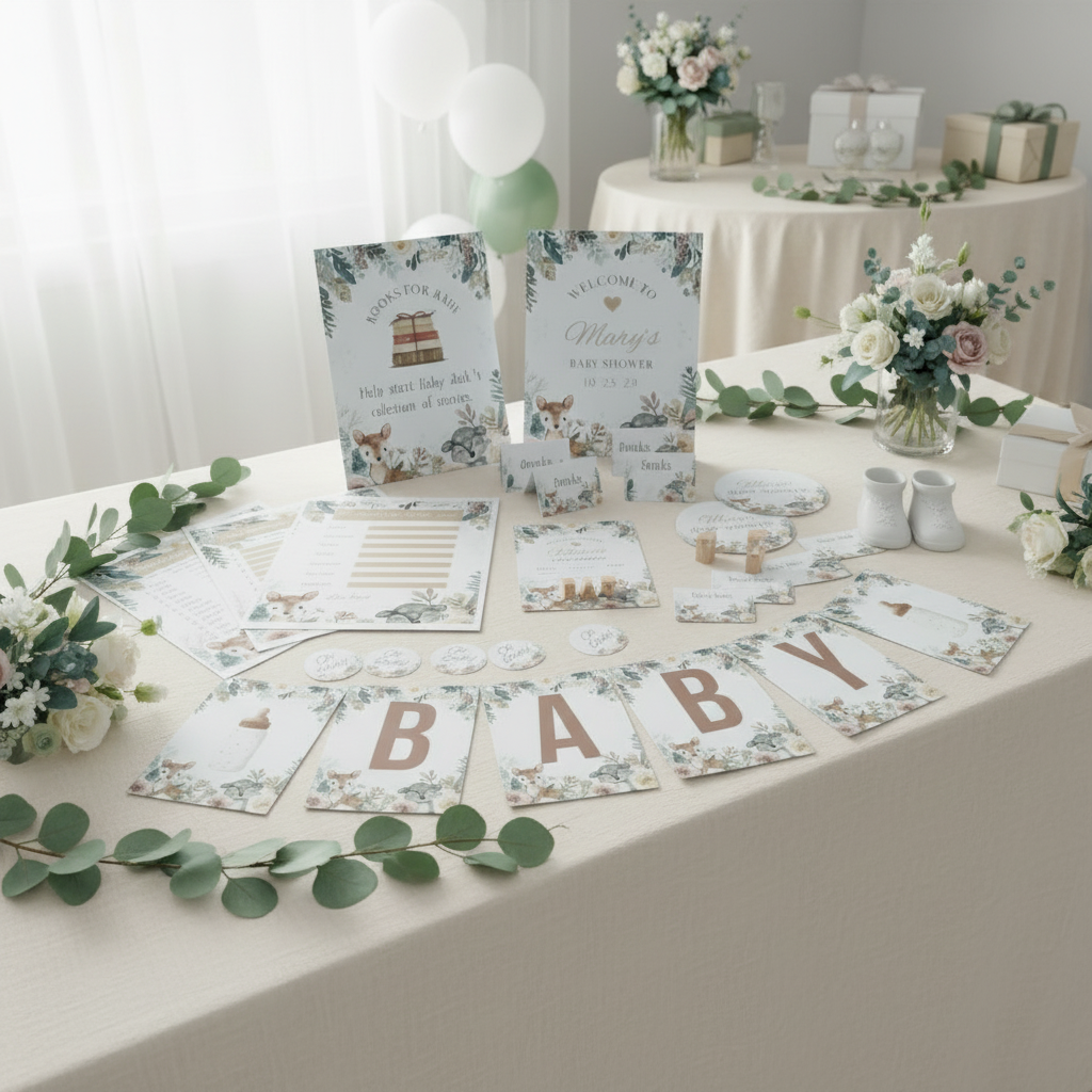 Baby shower decorations on a wooden table with floral arrangements.
