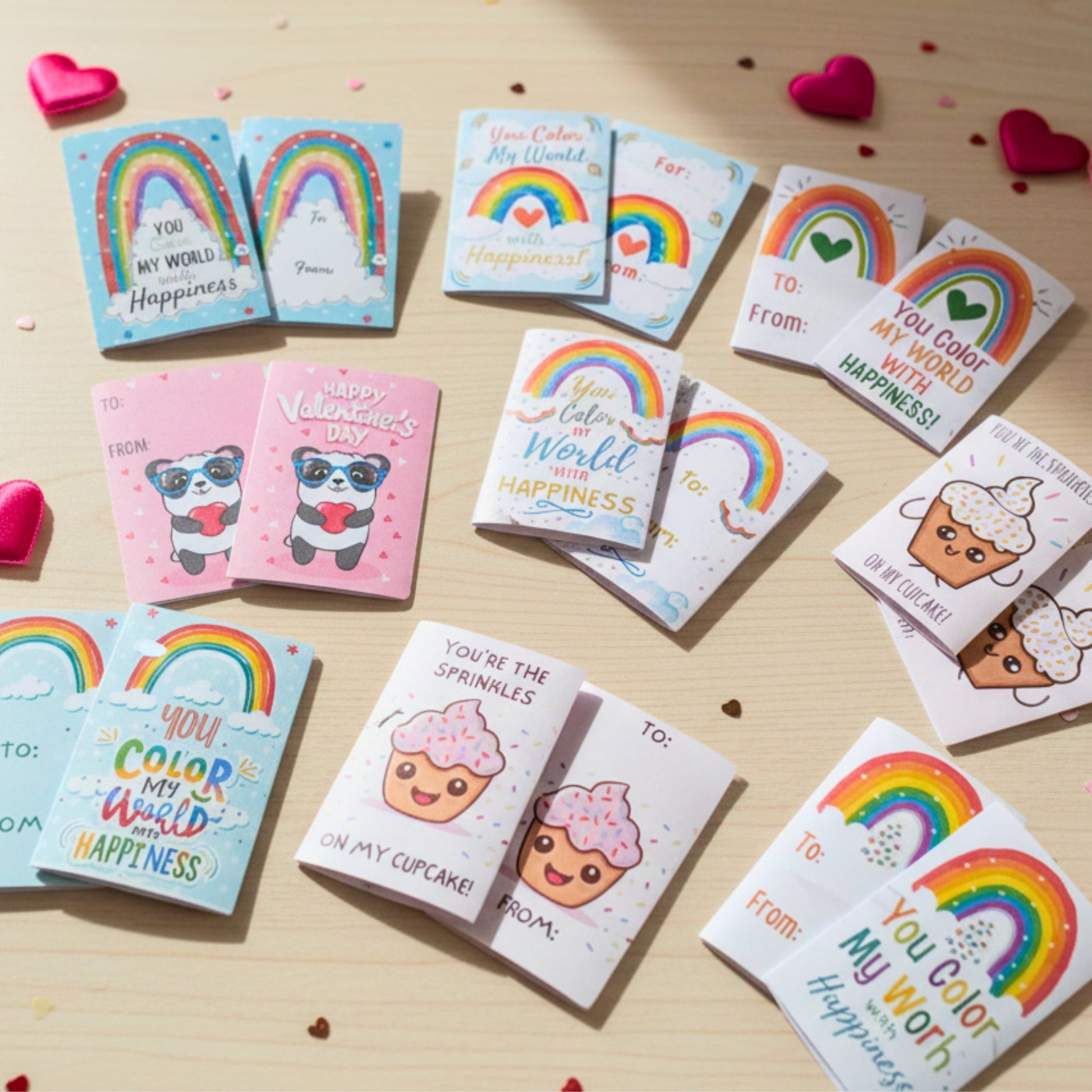 Collection of colorful greeting cards with rainbow designs and cute illustrations on a wooden surface.