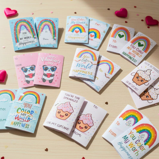 Collection of colorful greeting cards with rainbow designs and cute illustrations on a wooden surface.