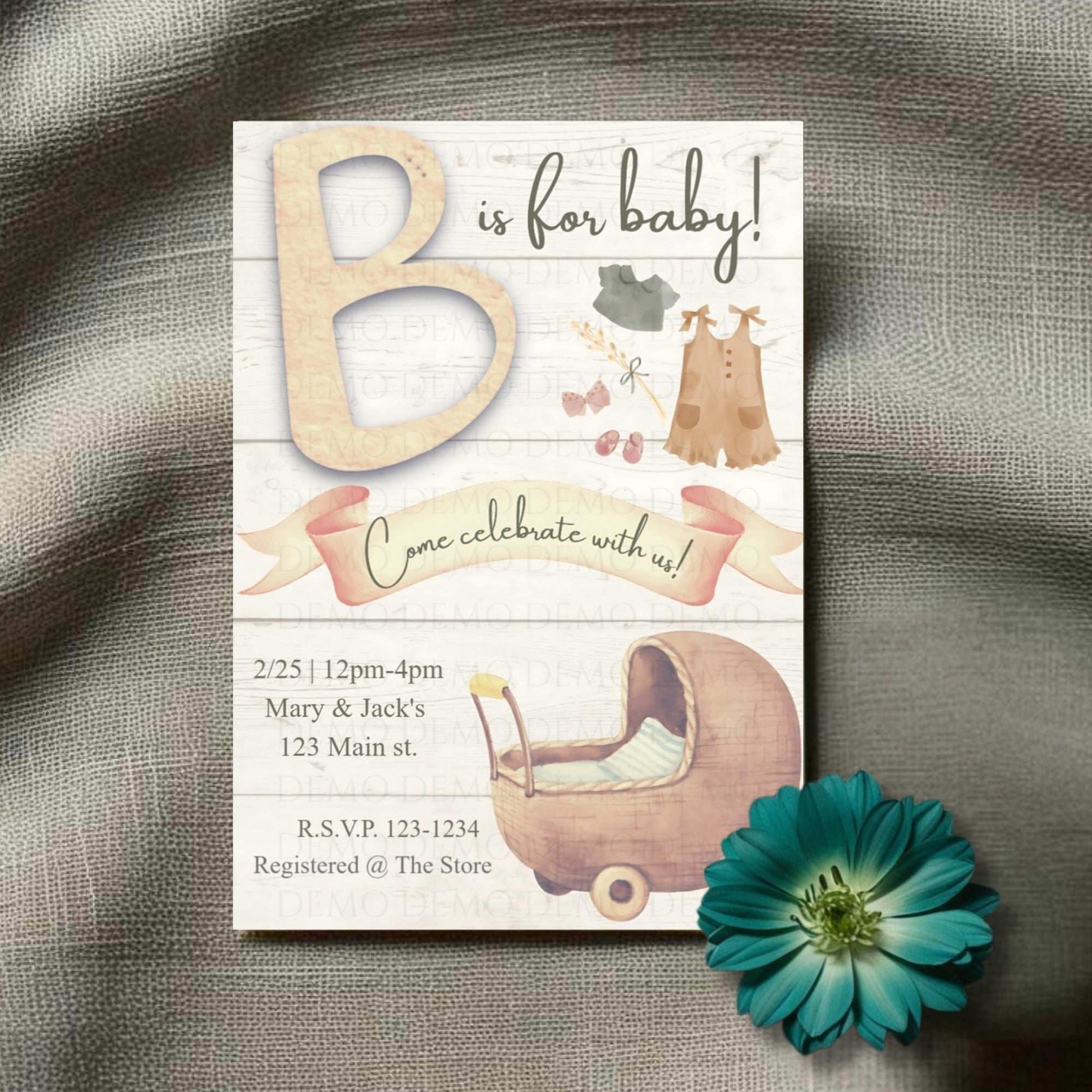 Vintage Baby Shower Invitation with Wooden Baby Carriage – Classic Baby Shower Invite