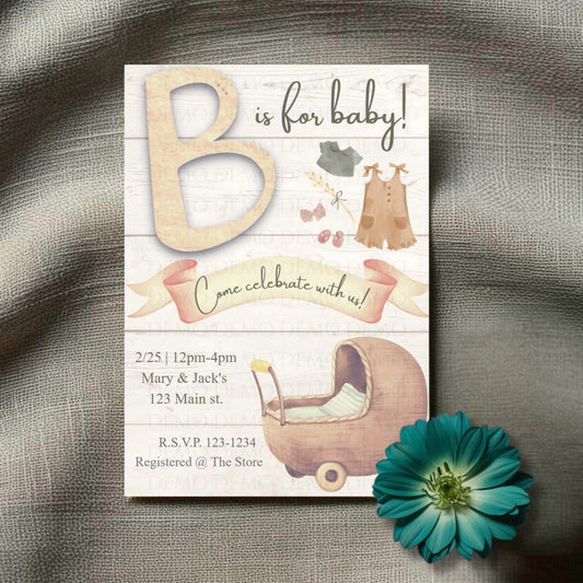 Vintage Baby Shower Invitation with Wooden Baby Carriage – Classic Baby Shower Invite