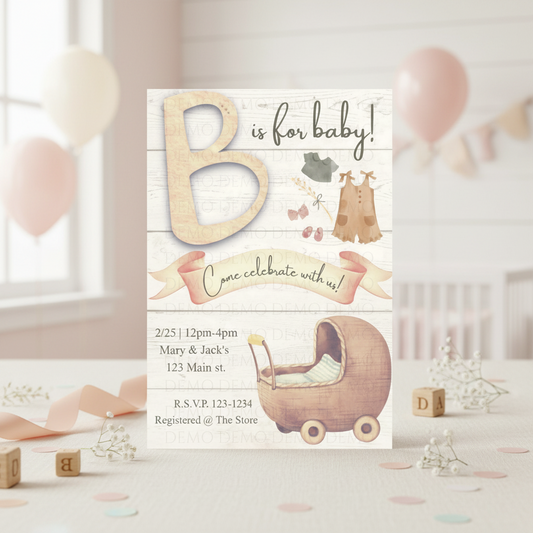 Vintage Baby Shower Invitation with Wooden Baby Carriage – Classic Baby Shower Invite