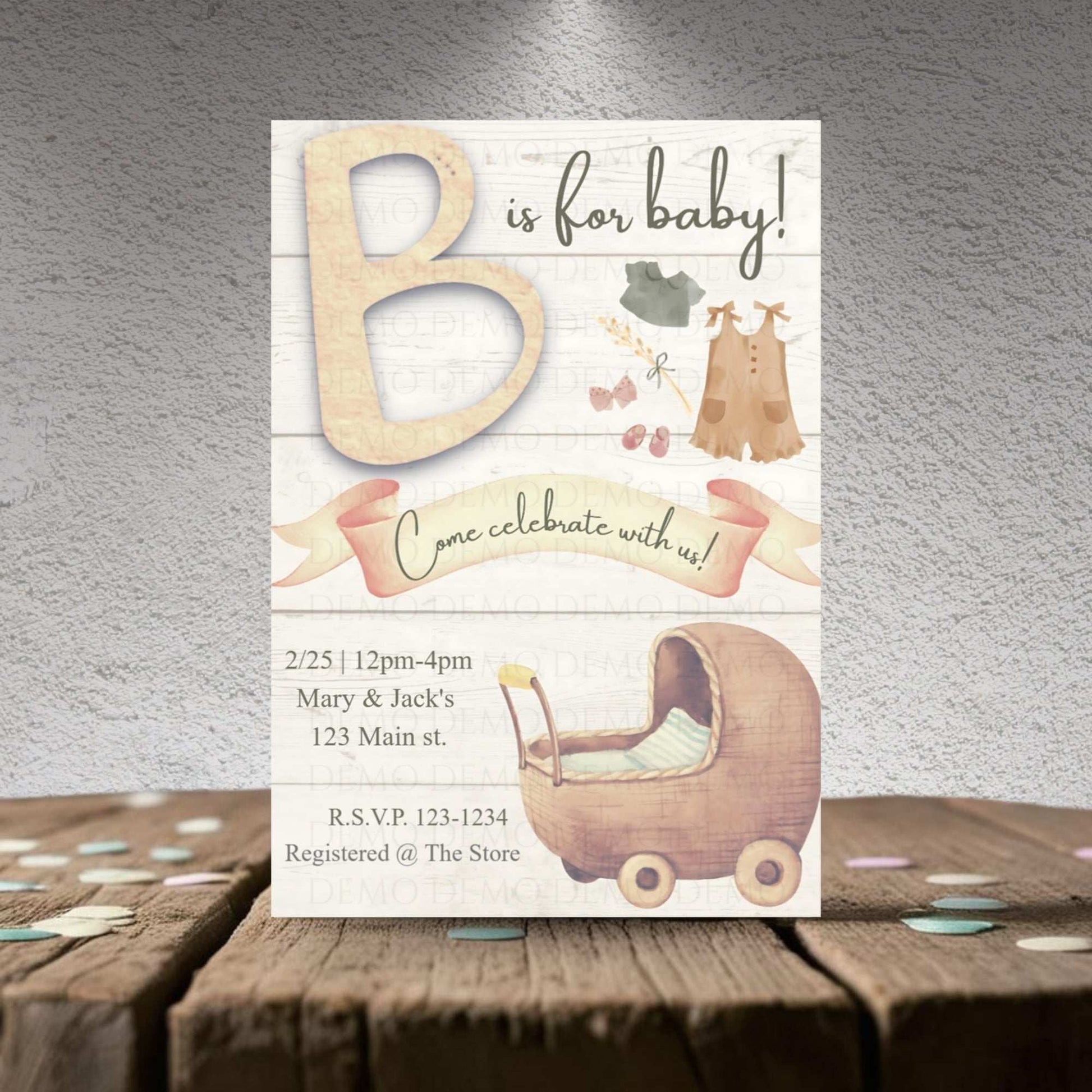Vintage Baby Shower Invitation with Wooden Baby Carriage – Classic Baby Shower Invite
