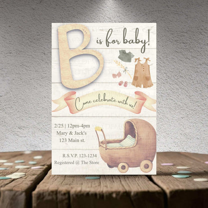 Vintage Baby Shower Invitation with Wooden Baby Carriage – Classic Baby Shower Invite