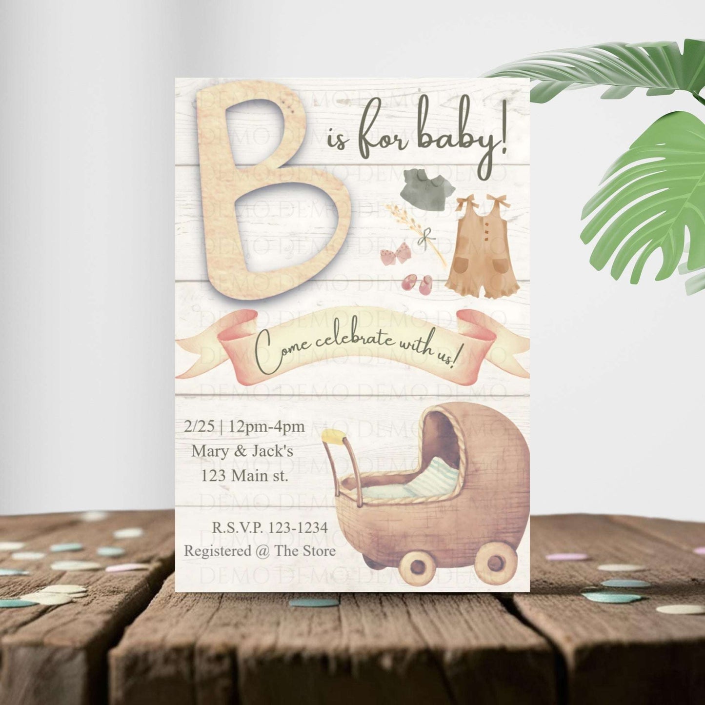 Vintage Baby Shower Invitation with Wooden Baby Carriage – Classic Baby Shower Invite