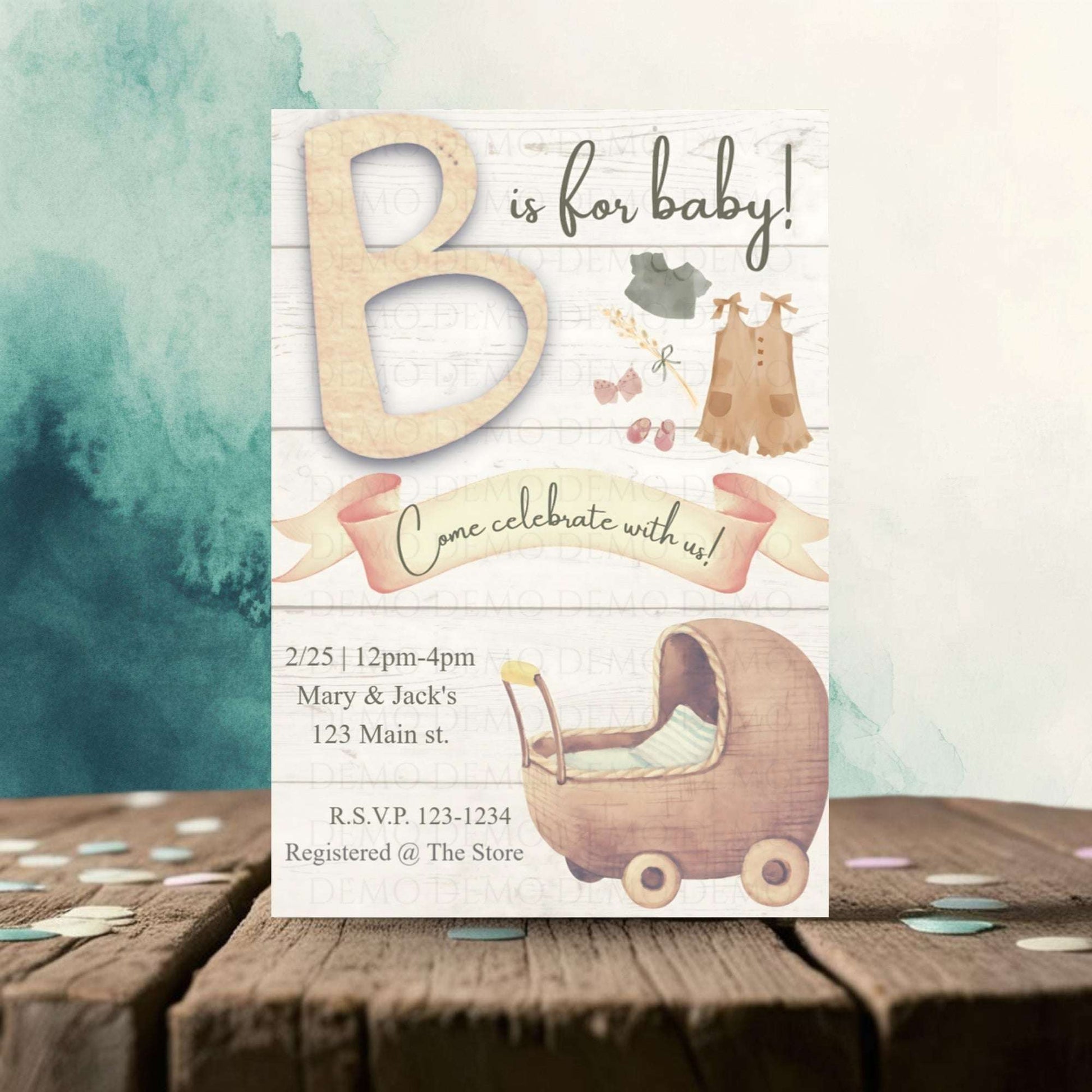 Vintage Baby Shower Invitation with Wooden Baby Carriage – Classic Baby Shower Invite