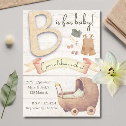 Vintage Baby Shower Invitation with Wooden Baby Carriage – Classic Baby Shower Invite