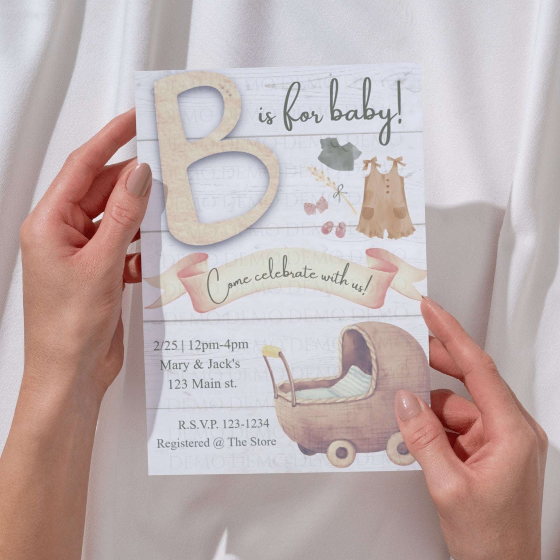 Vintage Baby Shower Invitation with Wooden Baby Carriage – Classic Baby Shower Invite