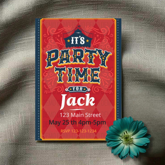 Party invitation card for 'It's Party Time for Jack' on a textured surface with a flower.