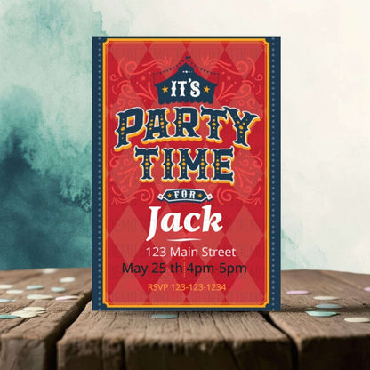 Party invitation card for 'It's Party Time for Jack' on a wooden surface with a blue watercolor background.