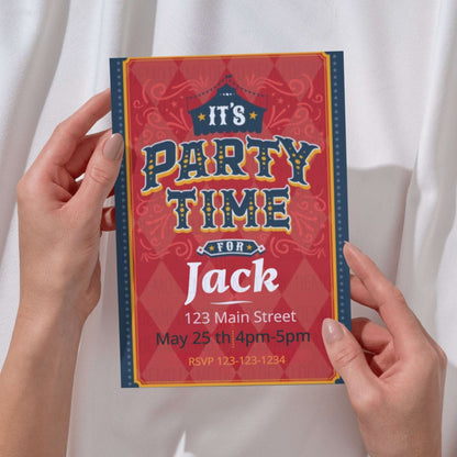 Person holding a party invitation card with 'It's Party Time for Jack' text.