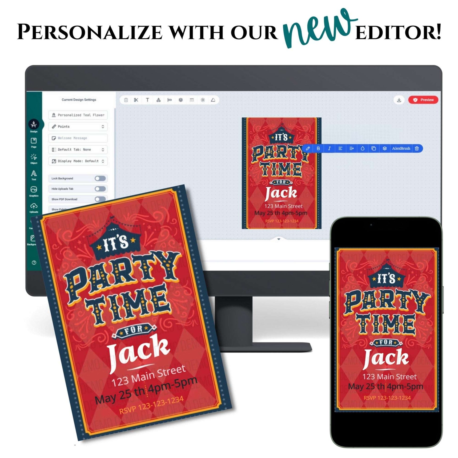 Party invitation design on a computer screen, phone, and paper with text 'Personalize with our new editor'.