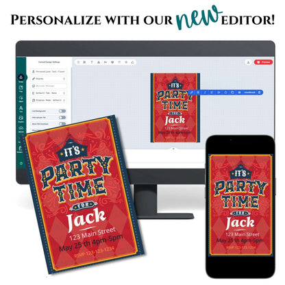 Party invitation design on a computer screen, phone, and paper with text 'Personalize with our new editor'.