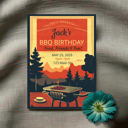 Vintage Style BBQ Birthday Invitation – Food, Friends & Fun Party Invite