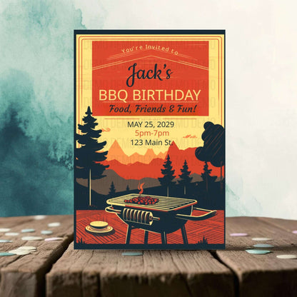 Vintage Style BBQ Birthday Invitation – Food, Friends & Fun Party Invite