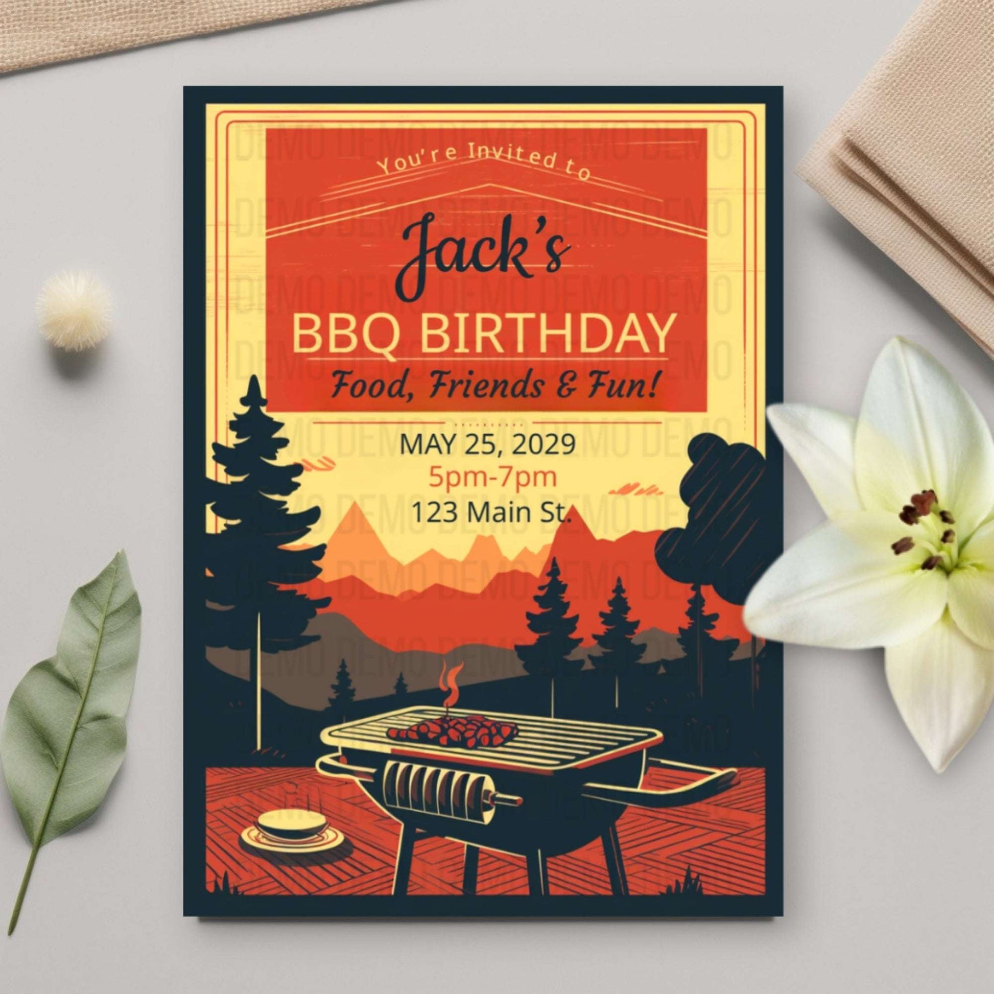 Vintage Style BBQ Birthday Invitation – Food, Friends & Fun Party Invite
