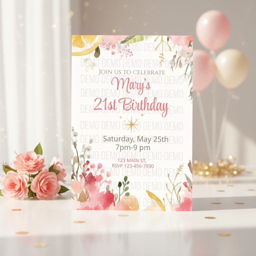 Birthday invitation card with floral design and balloons in the background