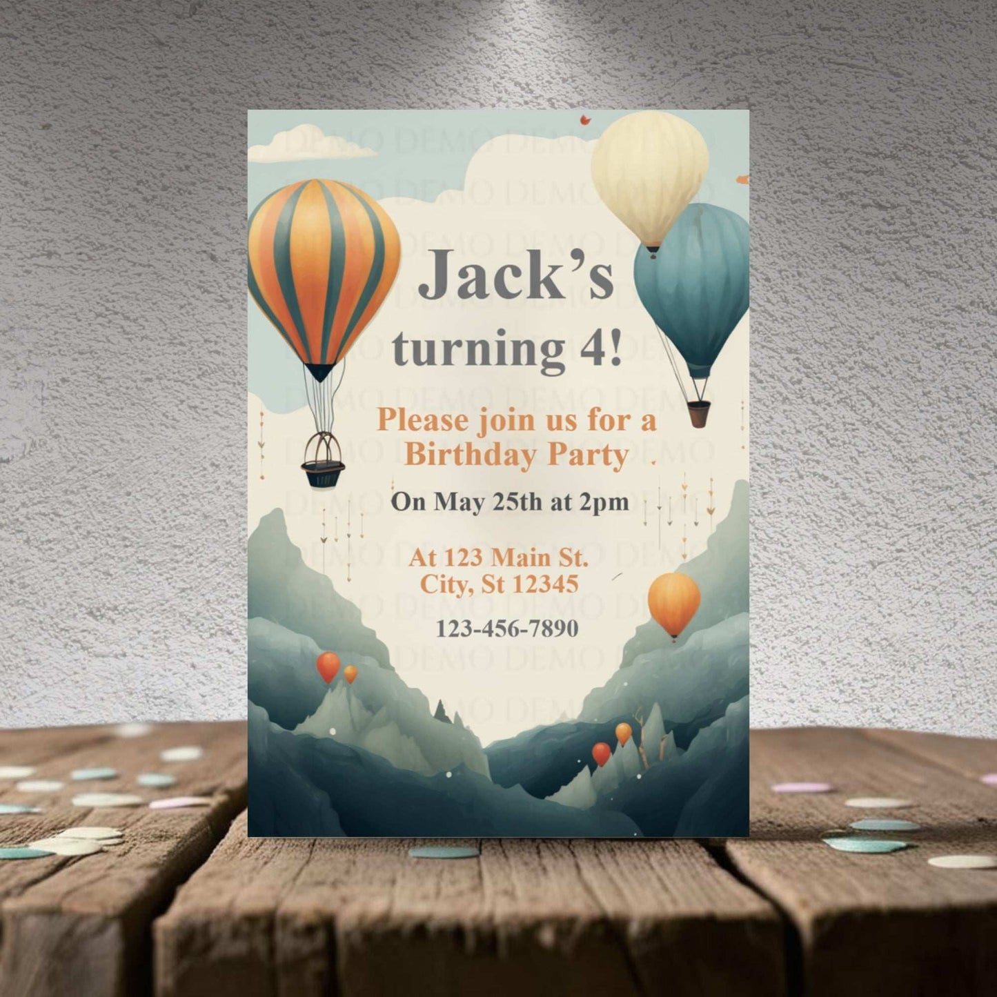 Birthday party invitation with hot air balloons on a textured wall background