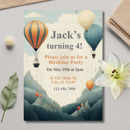 Birthday party invitation with hot air balloons and mountains on a light gray background