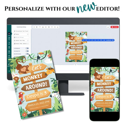 Promotional graphic for a personalized editor with a birthday invitation design on a computer, phone, and tablet.