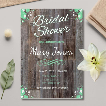 Bridal shower invitation with wooden planks design on a light gray surface with decorative elements.