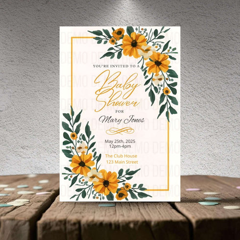 Baby shower invitation with yellow flowers on a textured surface