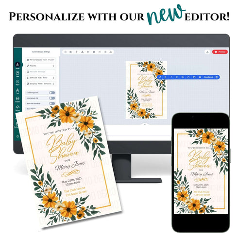 Floral baby shower invitation on a computer screen, phone, and paper.