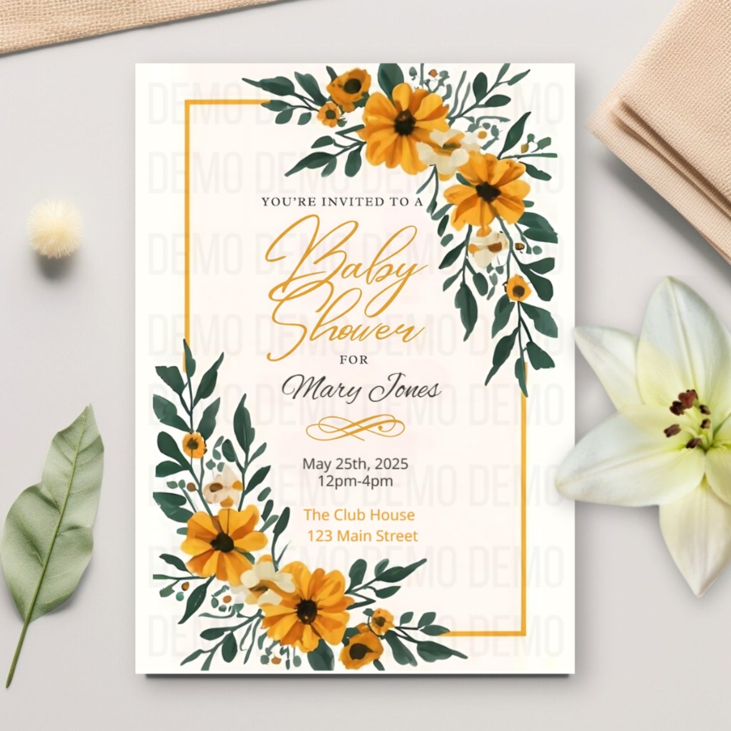 Baby shower invitation with yellow flowers and green leaves on a white background