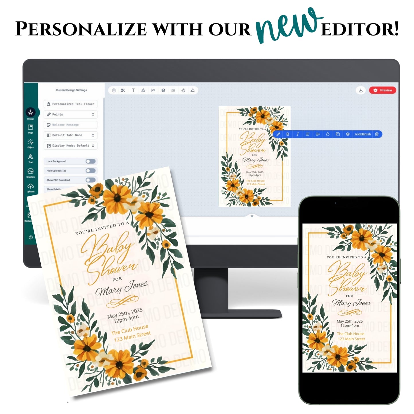 Floral baby shower invitation on a computer screen, phone, and paper.