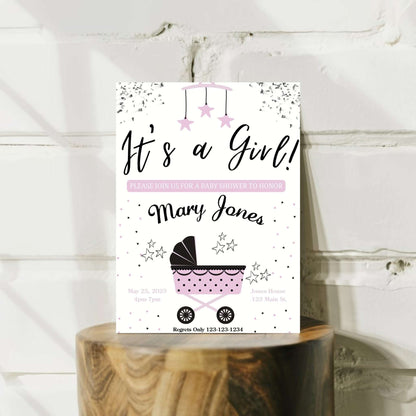 Personalized Girl Buggy Baby Shower Invite