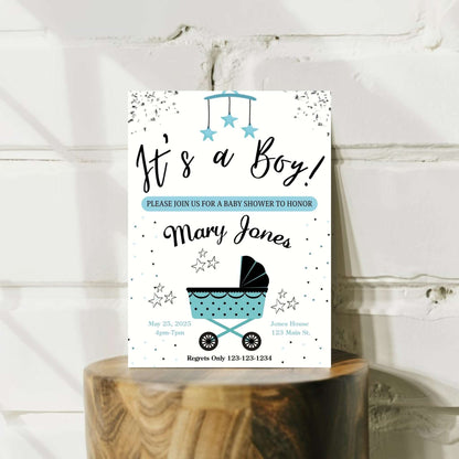 Personalized Boy Buggy Baby Shower Invite