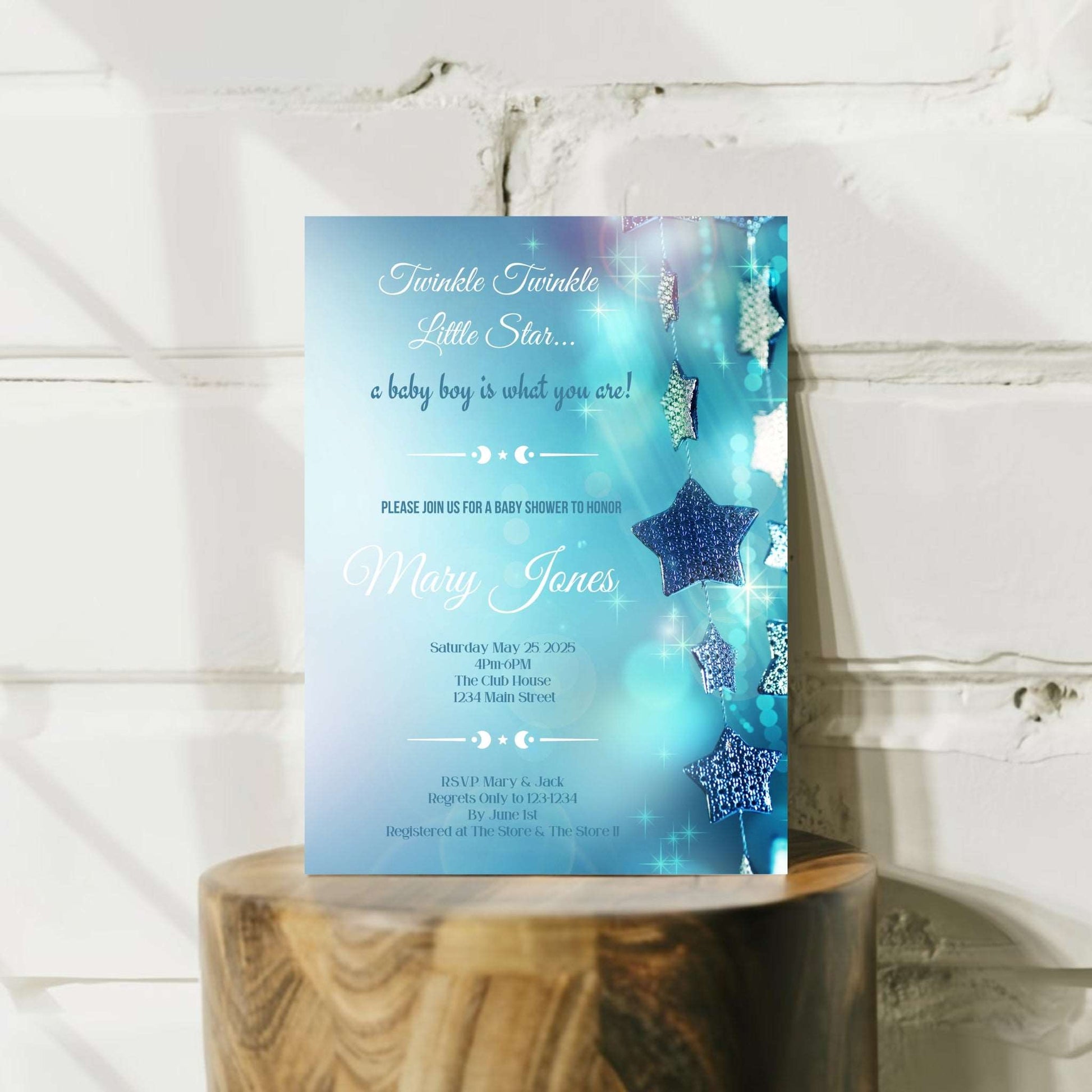 Personalized Twinkle Star Boy Baby Shower Invite