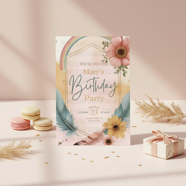 Modern Boho Birthday Invitation Template | Editable Digital Invite