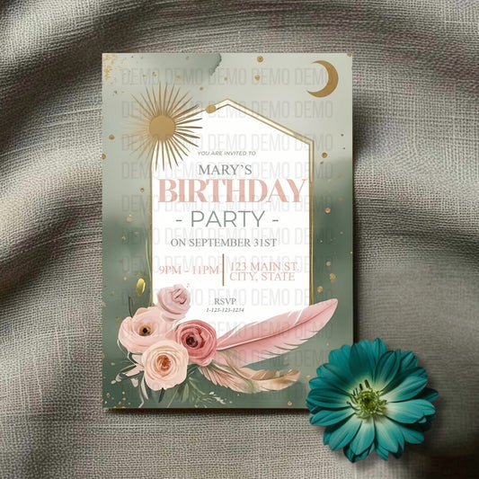 Boho Garden Birthday Invitation – Editable Template with Modern Florals