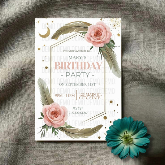 Neutral Boho Birthday Invitation- Editable Minimalist Party Template