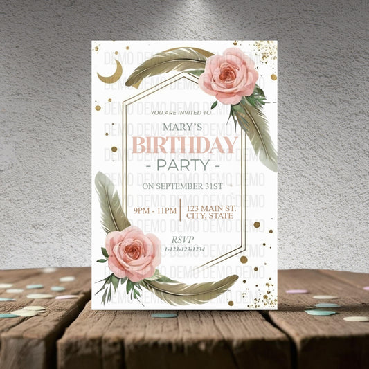 Neutral Boho Birthday Invitation- Editable Minimalist Party Template