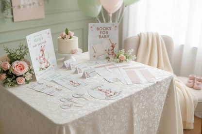 Baby shower setup with cake, cards, and decorations on a table.